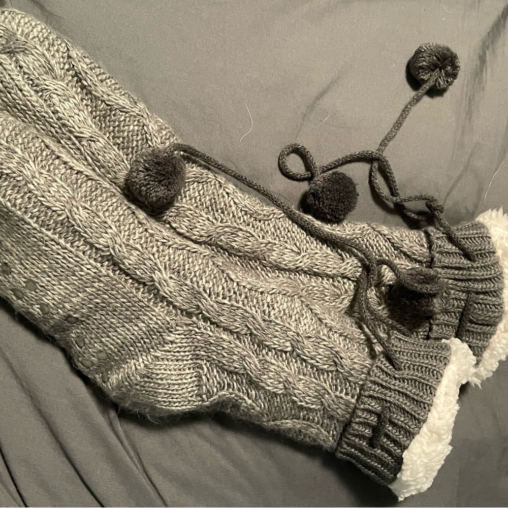 Cozy Gray Cable Knit Socks with Pom Poms
